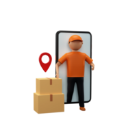 3D Render Of Faceless Delivery Boy Standing With Courier Boxes, Location Pin And Smartphone On White Background. png