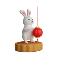 3D Render of Cute Cartoon Bunny Standing On Mooncake With Hanging Lantern Over White Background. png