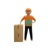 3D Render Of Faceless Delivery Boy Holding Clipboard With Courier Boxes On White Background. png