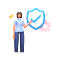 3D Render of Young Woman Standing With Approve Security Shield, Chat Box And Cogwheel On White Background. png