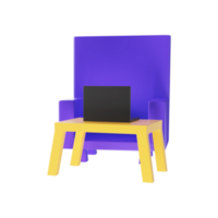 3d hacer estilo ordenador portátil en mesa con sofá icono en púrpura y amarillo color. png