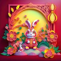 Paper cut quilling multidimensional chinese style cute zodiac rabbit with lanterns, blossom peach flower in background, chinese new year. Lunar new year 2023 concept photo