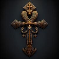 Ancient golden ankh symbol isolated on dark background. Illustration of an Egyptian cross in digital form. The ancient Egyptians used the Ankh as a symbol for eternal life. photo