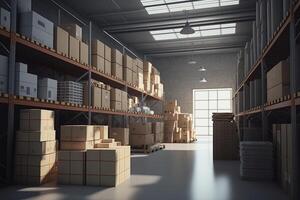 A large clean warehouse with shelfs, carboard boxes and products, Generative AI. Interior of a industrial warehouse with many shelves with yellow and white box packing. photo