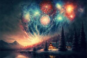 Beautiful colorful fireworks Christmas art beautiful winter colorful nature elegant majestic sunset at winter wonderful wintry view in mountain village colorful sky over the hills. photo