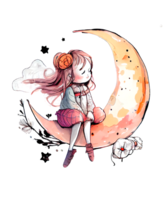 Cute girl on the moon watercolor png