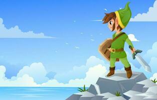 Elf Swordsman at Cliff by The Sea Background vector