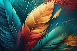 Abstract background with feather pattern, gradients and texture, digital painting in blue, green and gold, red, teal, orange colors, created with generative AI photo