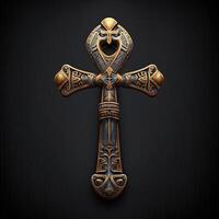 Ancient golden ankh symbol isolated on dark background. Illustration of an Egyptian cross in digital form. The ancient Egyptians used the Ankh as a symbol for eternal life. photo