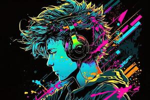 an neon gamer anime fashion boy or man wearing headphones, lost in his music. abstract background that evokes the feeling of different genres of music. banner music concept photo