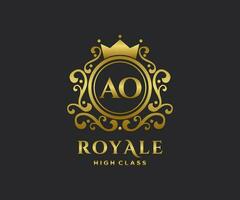 Golden Letter AO template logo Luxury gold letter with crown. Monogram alphabet . Beautiful royal initials letter. vector