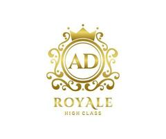 Golden Letter AD template logo Luxury gold letter with crown. Monogram alphabet . Beautiful royal initials letter. vector