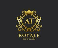 Golden Letter AT template logo Luxury gold letter with crown. Monogram alphabet . Beautiful royal initials letter. vector