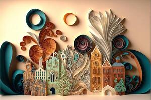 paper quilling style urban design. Multidimensional paper quilling craft illustration a small city. photo