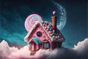 Christmas decorations with colorful gingerbread pink house and colorful candy on white cloud. Winter holidays new year and xmas composition. Amazing fairy Christmas house. photo