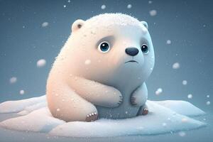 cute polar bear baby cartoon dreamlike in snow, winter, Generative AI. Animal and landscape concept. photo