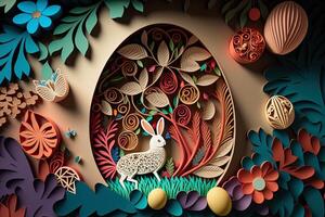 paper cut quilling multi dimensional easter egg in easter celebration, a lot of egg and small rabbit in background. Spring concept. photo