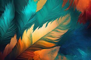 Abstract background with feather pattern, gradients and texture, digital painting in blue, green and gold, red, teal, orange colors, created with photo