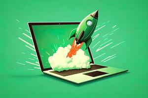 Rocket coming out of laptop screen, green background. AI digital illustration concept of ideas and start up. photo