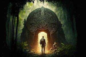 Mayan gate in the forest. . Concept art of an explorer walking in the middle of the jungle through a secret gate. An adventurer in a green tropical rainforest discovering a secret passage photo