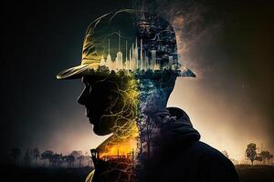 Conceptual graphic design of an energy sector and future manufacturing. With double exposure artwork, an oil, gas, and petrochemical refinery facility demonstrates the future of power. photo