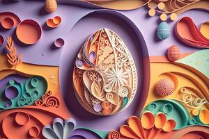 paper cut quilling multi dimensional easter egg in easter celebration, a lot of egg and small rabbit in background. Spring concept. photo