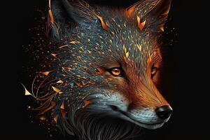 Fantasy Raster Image of Fox Face with Golden Spot, Animal face in the depths of galaxies and stars fox photo