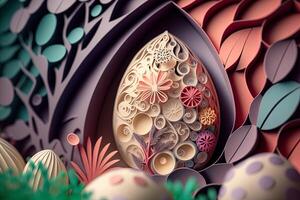 paper cut quilling multi dimensional easter egg in easter celebration, a lot of egg and small rabbit in background. Spring concept. photo