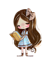 cute long haired girl and books watercolor sublimation png