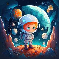 Adorable boy astronaut, in outer space, standing on a planet, bright colorful asteroids and galaxies, moonlight shining down, chibi style. Emblem for space travel, technology, cuteness photo