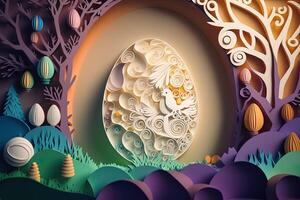 paper cut quilling multi dimensional easter egg in easter celebration, a lot of egg and small rabbit in background. Spring concept. photo