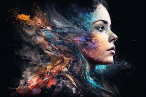 Beautiful fantasy abstract portrait of a beautiful woman double exposure with a colorful digital paint splash or space nebula, photo