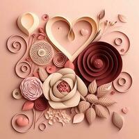 Paper cut quilling multidimensional valentine day with heart, flower and chocolate on pink background. Valentine day concept photo