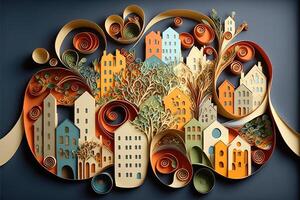 paper quilling style urban design. Multidimensional paper quilling craft illustration a small city. photo