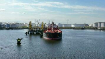 Crude Oil Liquid Cargo Transporter Ship Unloading Petrochemicals to a Fuel Depot video
