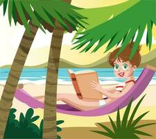 mujer en vacaciones leyendo un libro en un hamaca vector ilustración