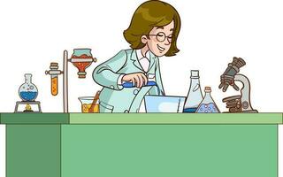 Scientist in lab. Science experiment in medical laboratory. Vector illustration