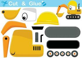 Funny excavator wearing helmet. Education paper game for children. Cutout and gluing. Vector cartoon illustration