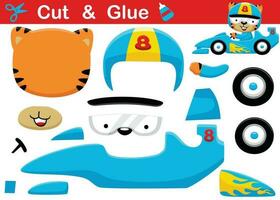 Funny cat wearing racer helmet on racing car. Cutout and gluing. Vector cartoon illustration