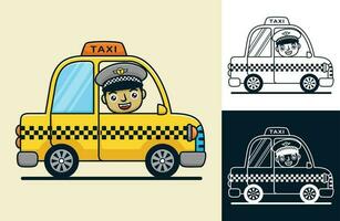 Yellow taxi with smiling driver. Vector cartoon illustration in flat icon style