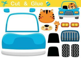 Funny cat on car. Education paper game for children. Cutout and gluing. Vector cartoon illustration