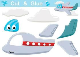 Funny airplane with clouds. Education paper game for children. Cutout and gluing. Vector cartoon illustration