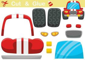 Racing car cartoon. Education paper game for children. Cutout and gluing. Vector illustration