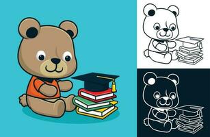 Little bear with books and graduation hat. Vector cartoon illustration in flat icon style