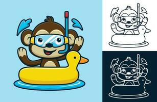 linda mono vistiendo buceo gafas de protección en Pato inflable anillo. vector dibujos animados ilustración en plano icono estilo