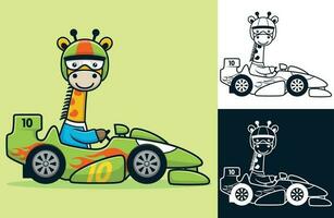 Funny giraffe wearing helmet driving racing car. Vector cartoon illustration in flat icon style