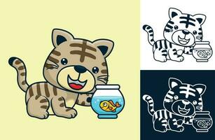 Kitten with little fish on jar. Vector cartoon illustration in flat icon style