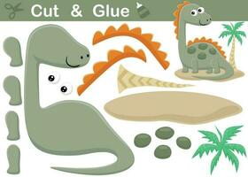 Funny stegosaurus with palm tree. Education paper game for children. Cutout and gluing. Vector cartoon illustration