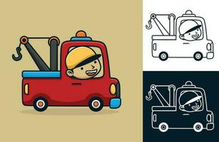 Tow truck with happy driver. Vector cartoon illustration in flat icon style