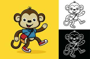 Funny monkey with bag going to school. Vector cartoon illustration in flat icon style